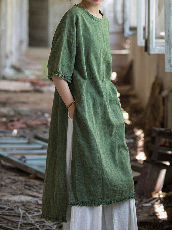 Fringed Solid Color Split-Joint Split-Side Half Sleeves High-Low Round-Neck Midi Dresses