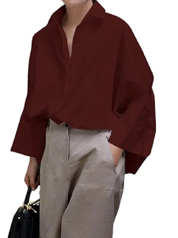 Long Sleeves Loose Solid Color Lapel Collar Blouses&Shirts Tops