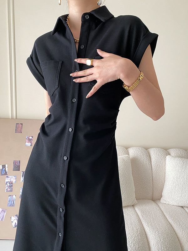 Buttoned Pleated Pockets Solid Color Split-Joint High Waisted Loose Lapel Midi Dresses