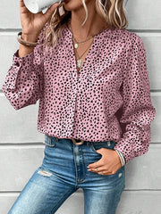 Leopard Pleated Long Sleeves Loose V-Neck Blouses&Shirts Tops