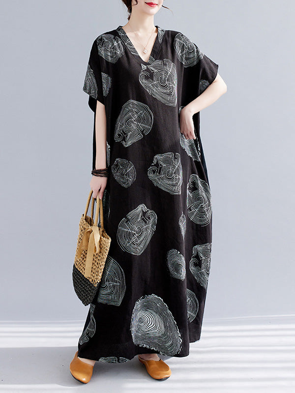 Casual Short Sleeves Loose Contrast Color Printed V-Neck Maxi Dresses