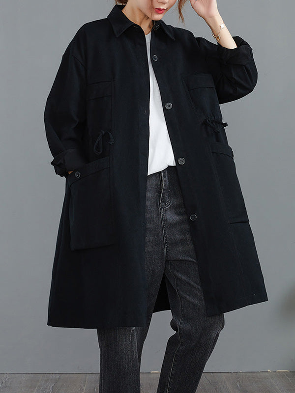 Casual Loose Solid Color Buttoned Lapel Collar Long Sleeves Trench Coat