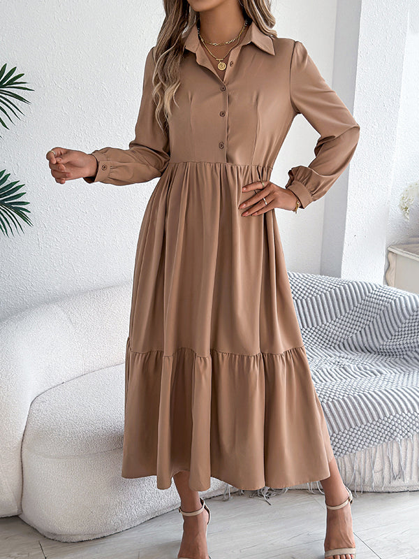 Pleated Ruffled Solid Color High Waisted Long Sleeves Lapel Shirt Dress Midi Dresses