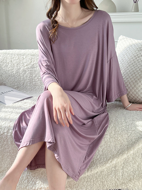 Solid Color Split-Joint High Waisted Loose Round-Neck Pajama Dress