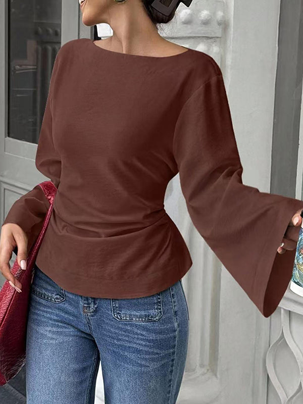 Solid Color Split-Joint Tied Waist Elasticated Waist Flared Sleeves Round-Neck T-Shirts Tops