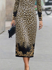 High Waisted Long Sleeves Contrast Color Leopard Printed Split-Joint Round-Neck Maxi Dresses