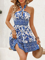 Elasticity Flower Print Hollow A-Line High Waisted Halter-Neck Mini Dresses