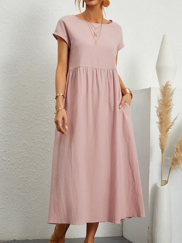 Pleated Solid Color Loose Short Sleeves Round-Neck Midi Dresses
