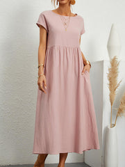 Pleated Solid Color Loose Short Sleeves Round-Neck Midi Dresses