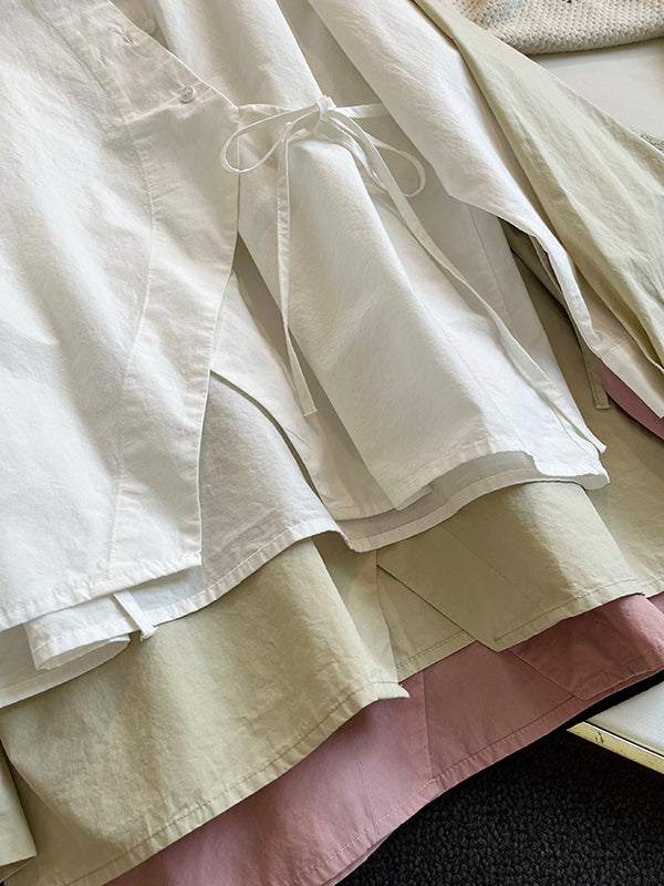 Lace-Up Solid Color Irregular Clipping Long Sleeves Lapel Blouses
