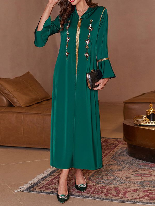 Rhine Stones Split-Front A-Line Flared Sleeves V-Neck Maxi Dresses