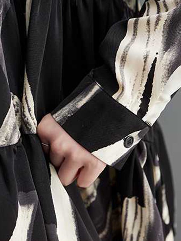 Pleated Printed Split-Joint Long Sleeves Loose Lapel Blouses