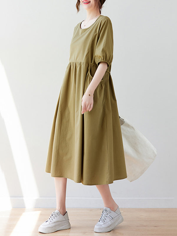 Casual Half Sleeves Loose Elasticity Split-Joint Solid Color Midi Dresses