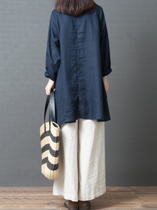 Linen Solid Color Round-Neck Puff Sleeve Blouse Tops