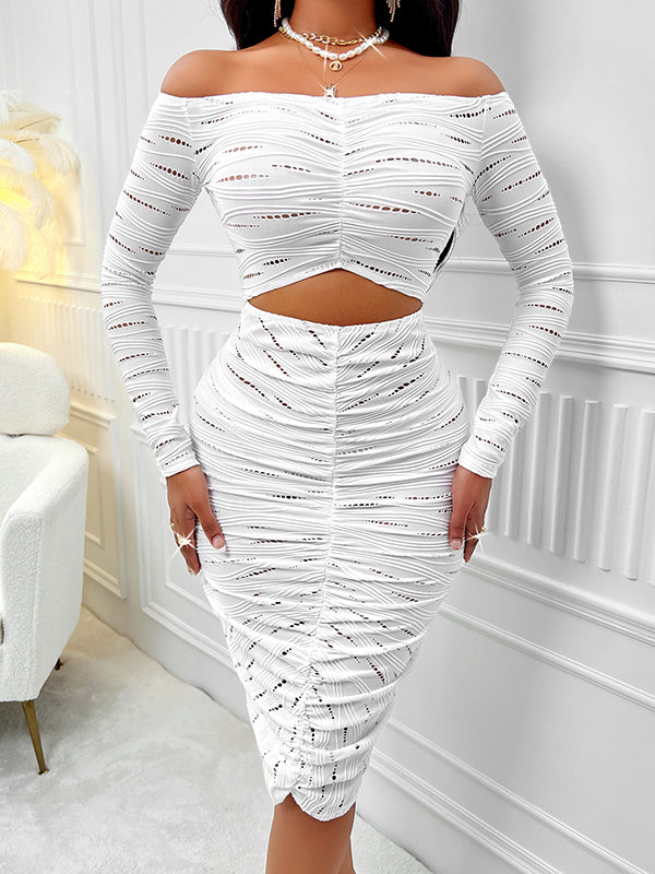 Hollow Pleated Split-Joint Bodycon Long Sleeves Off-The-Shoulder Midi Dresses