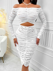 Hollow Pleated Split-Joint Bodycon Long Sleeves Off-The-Shoulder Midi Dresses