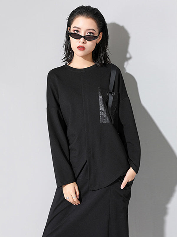 Loose Long Sleeves Split-Front Round-Neck T-Shirts Tops