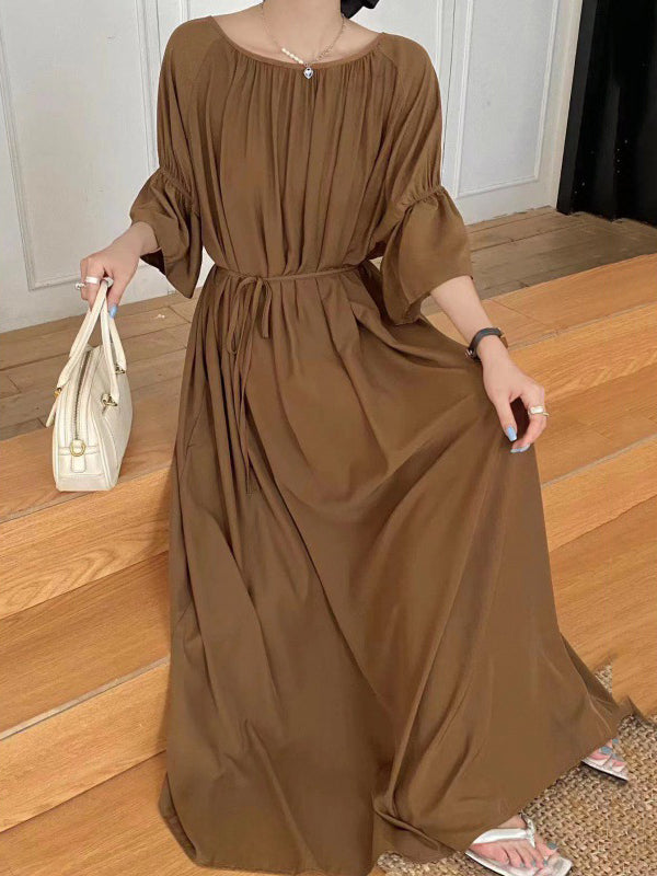 Solid Color Half Sleeves Loose Round-Neck Midi Dresses