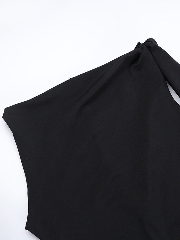 Asymmetric Solid Color Split-Joint Streamer Skinny Sleeveless One-shoulder Maxi Dresses Evening Dresses