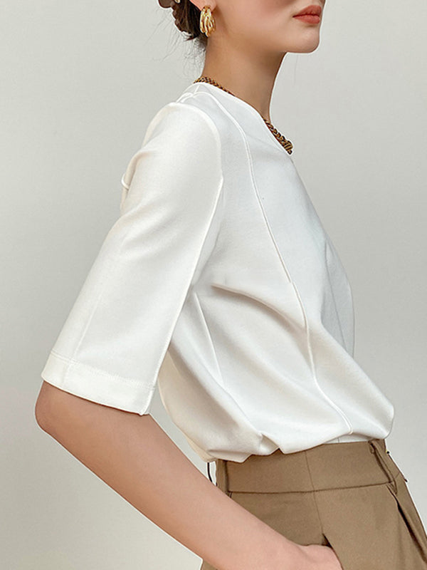 Solid Color Split-Joint Half Sleeves Round-neck T-Shirts Tops