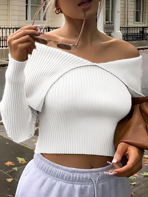 Solid Color Long Sleeves Skinny Off-The-Shoulder Sweater Tops