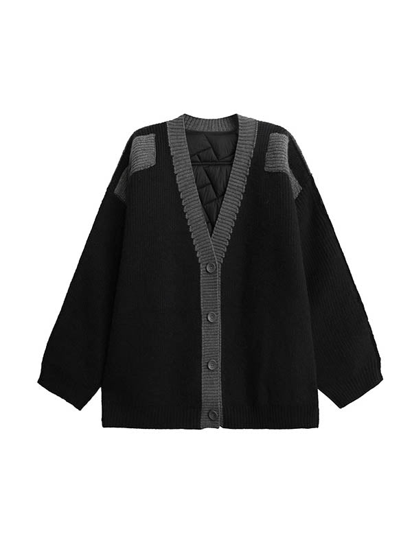 Buttoned Contrast Color Reversible Split-Joint Long Sleeves Loose Collarless Outerwear Cardigan Tops