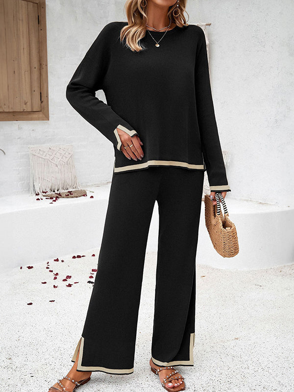Contrast Color Long Sleeves Split-Joint Split-Side Round-Neck High-Low Sweater Tops +  Pants Bottom Two Pieces Set