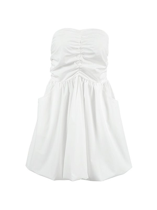 Elasticity Pleated Pockets Solid Color A-Line High Waisted Tube Mini Dresses