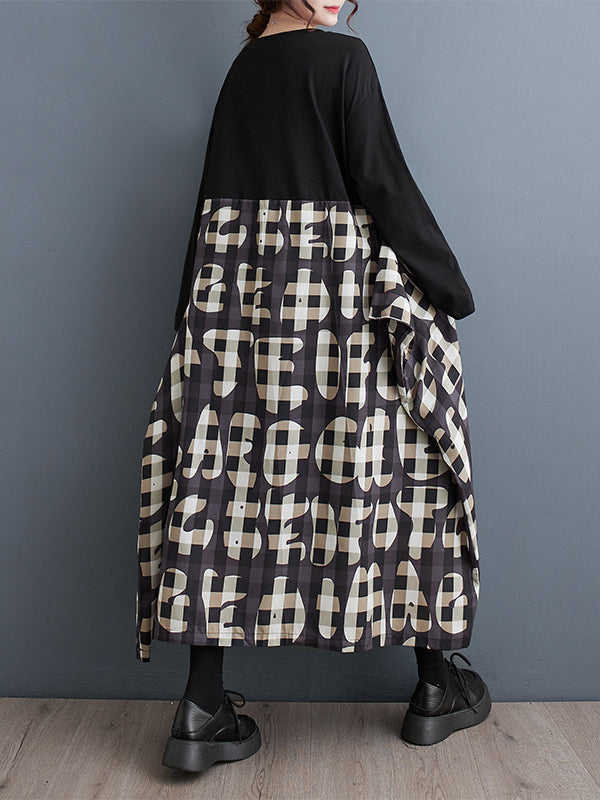 Printed Ruffled Split-Joint A-Line Long Sleeves Round-Neck Midi Dresses