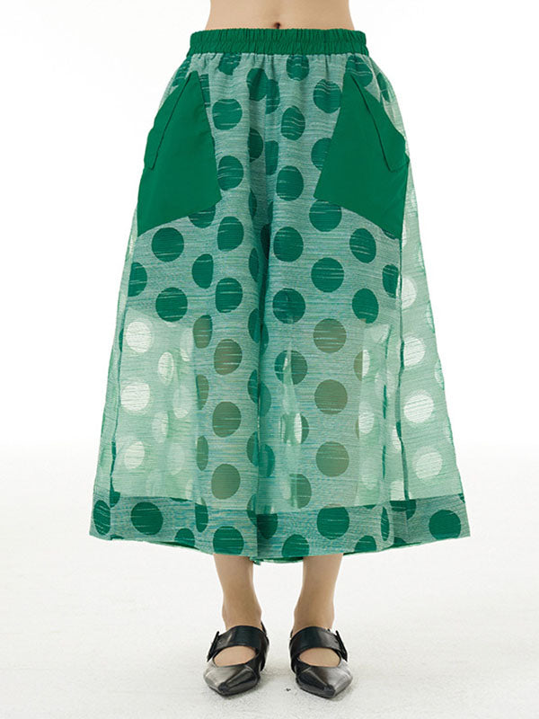 Gauze Polka-Dot See-Through Cropped False Two Casual Pants Bottoms