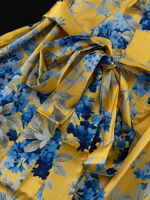 Loose Printed Split-Joint Deep V-Neck Lace-Up Blouse + Drawstring Elasticity Pants Trousers Two Pieces Set