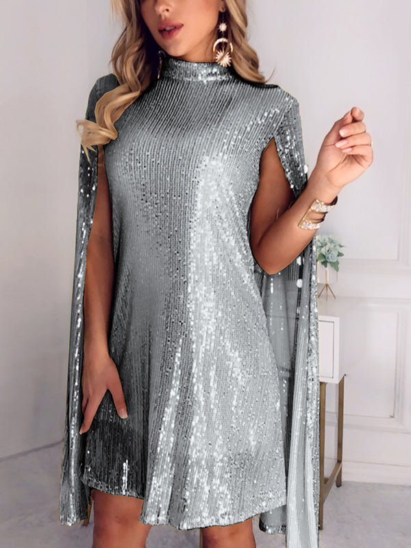 Sequined Shiny Split-Joint Cape Long Sleeves Mock Neck Mini Dresses