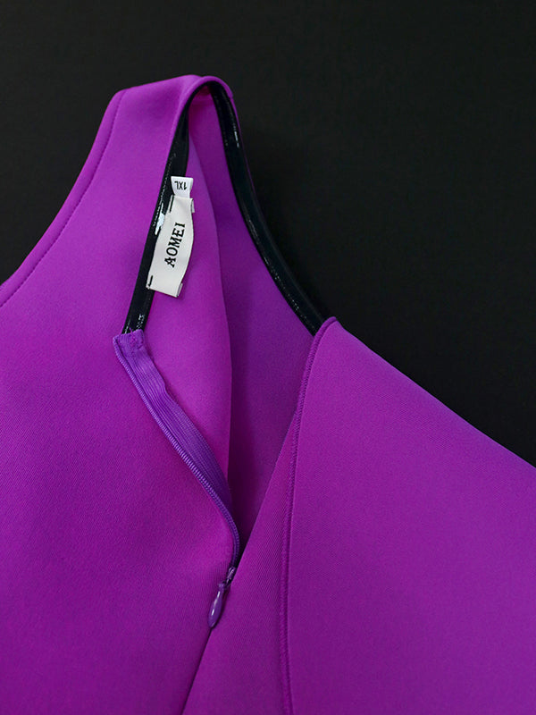Hollow Pleated Solid Color Zipper Wrap One-Shoulder Midi Dresses