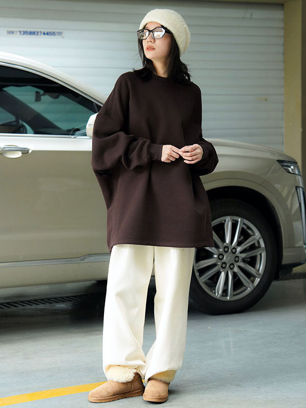 Casual Long Sleeves Loose Velvet Solid Color Round-Neck Sweatshirt Tops