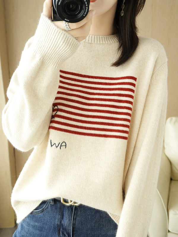 Casual Loose Long Sleeves Striped Round-Neck Sweater Tops