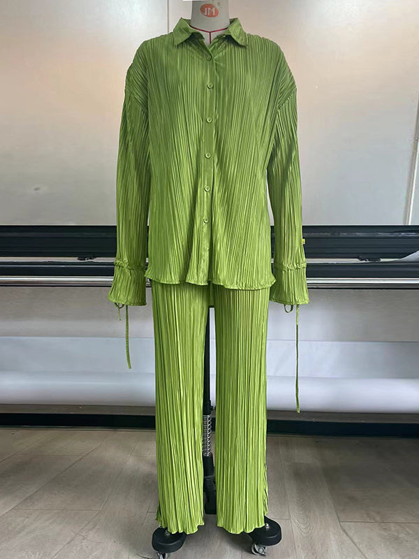 Solid Color Flared Sleeves Long Sleeves Buttoned Drawstring Pleated Split-Side Lapel Shirts Top + Pants Bottom Pajama Sets