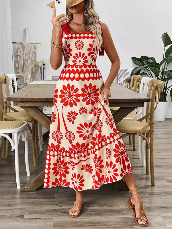 Elasticity Flower Print Pleated Tied A-Line Loose Spaghetti-Neck Midi Dresses