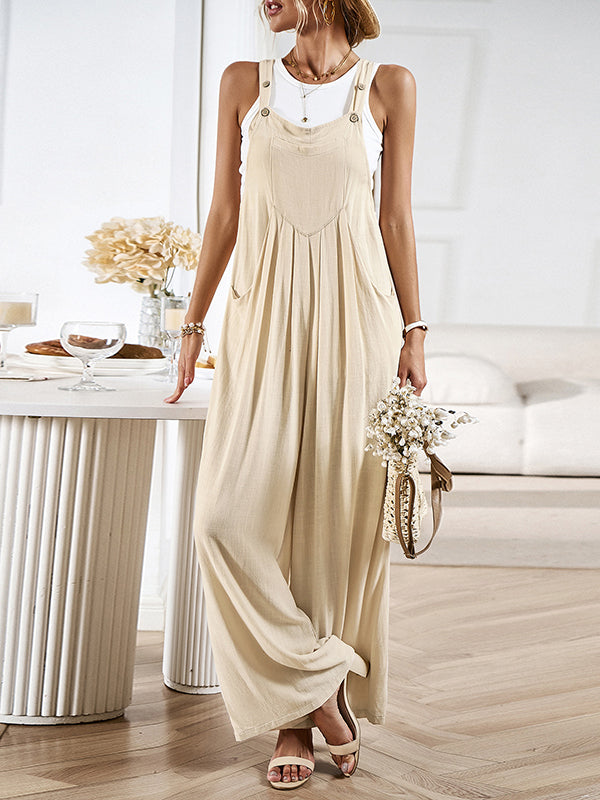 Pleated Pockets Split-Joint Loose Sleeveless Spaghetti-Neck Overalls