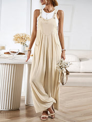 Pleated Pockets Split-Joint Loose Sleeveless Spaghetti-Neck Overalls