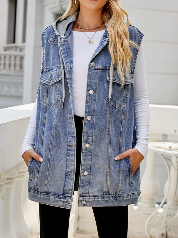 Buttoned Detachable Drawstring Hooded Pockets Split-Joint Loose Sleeveless Polo Vest Outerwear