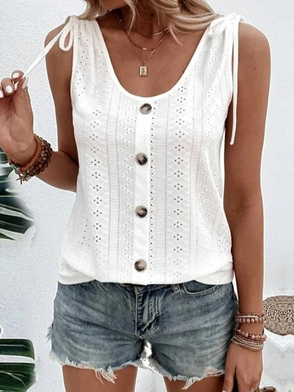 Buttoned Hollow Pleated Split-Joint Tied Loose Plus Size U-neck Vest Top