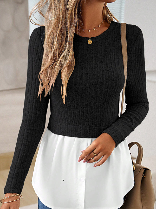 Buttoned Split-Joint Long Sleeves Loose Round-neck Knit Top