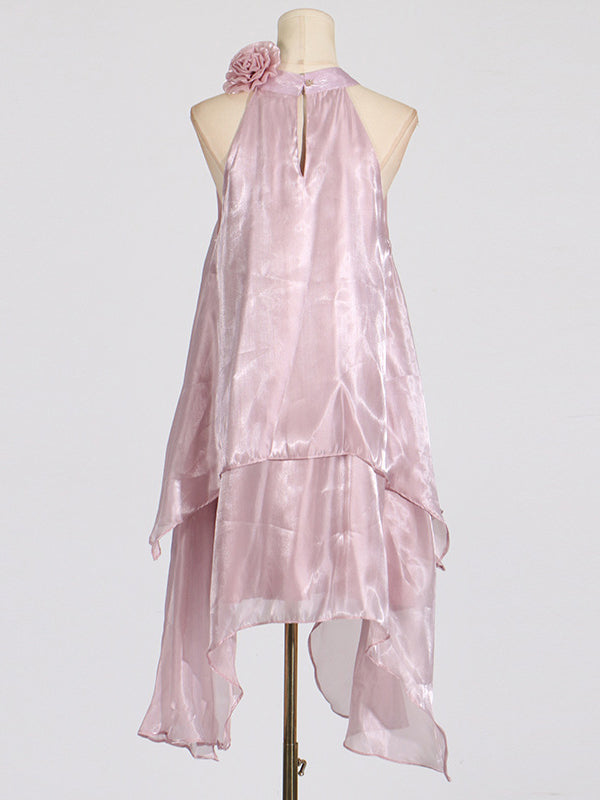 Double Layered Shiny Three-Dimensional Flower High Waisted Loose Halter-Neck Midi Dresses