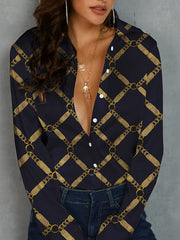 Buttoned Printed Long Sleeves Loose Lapel Blouses&Shirts Tops