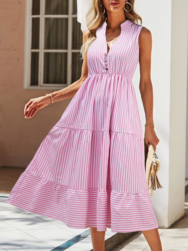 Buttoned Split-Joint Striped A-Line High Waisted V-Neck Midi Dresses
