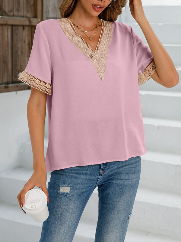 Hollow Split-Joint Loose Short Sleeves V-Neck T-Shirts