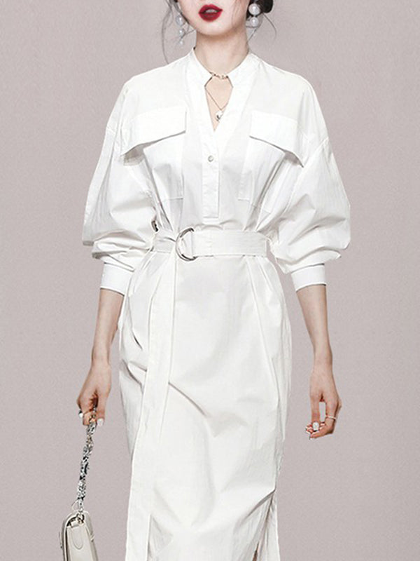 See-Through Split-Joint Split-Side Tied Waist Long Sleeves Loose V-Neck Shirt Dress Midi Dresses