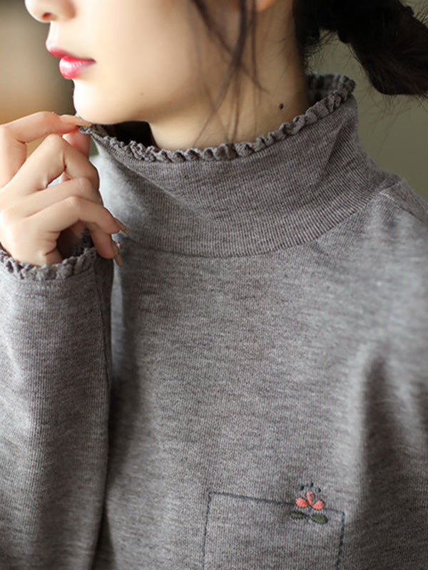 Simple Loose Long Sleeves Embroidered Falbala Solid Color High-Neck T-Shirts Tops