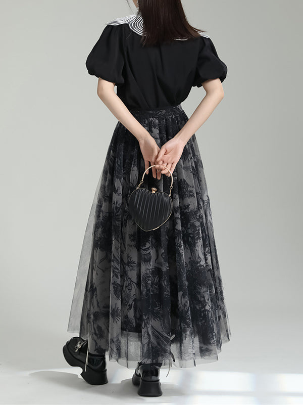 Gauze Pleated Printed Split-Joint A-Line Loose Skirts