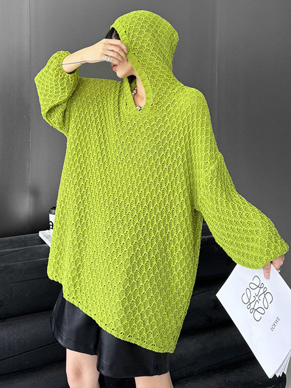 Hollow Solid Color Long Sleeves Loose Hooded Sweater Tops